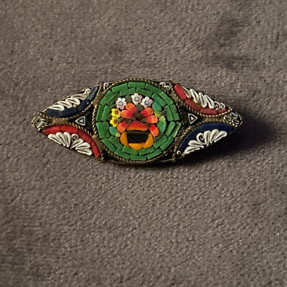 Vintage Micro-Mosaic Floral Bar Brooch - Green Made In Italy